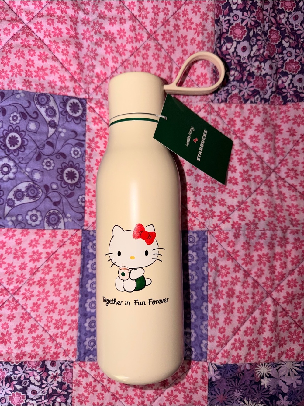 Starbucks Cream Hello Kitty Stainless Bottle with Green Tag and Red Bow